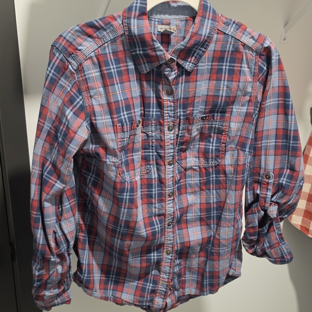 Carhartt Womens Plaid Button-Up Long Sleeve Shirt Blue Red White S (4/6) Pockets - Picture 1 of 3